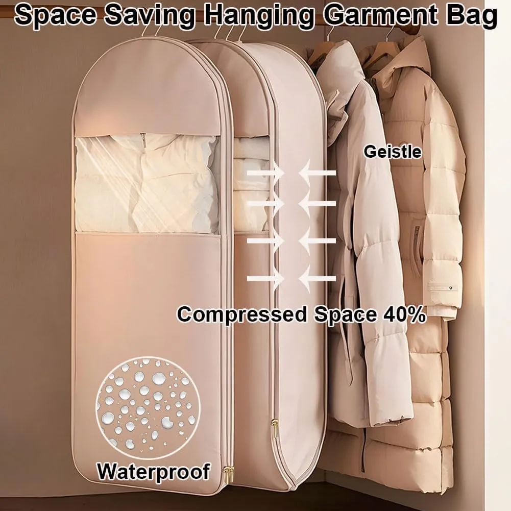 Space Saving Hanging Garment Bag with Self Compression Zipper, Dust Cover Clothes Bags for Down Coat, Closet Organizers Garment Bags (Beige,3Pcs(S M L))