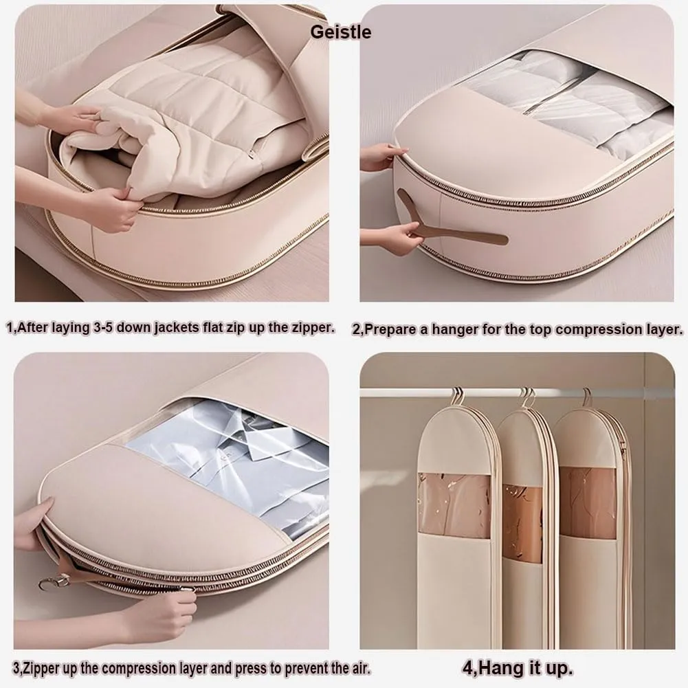 Space Saving Hanging Garment Bag with Self Compression Zipper, Dust Cover Clothes Bags for Down Coat, Closet Organizers Garment Bags (Beige,3Pcs(S M L))