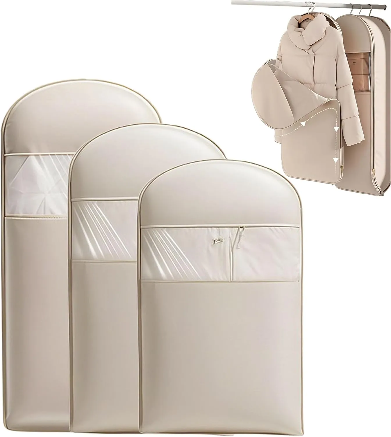 Space Saving Hanging Garment Bag with Self Compression Zipper, Dust Cover Clothes Bags for Down Coat, Closet Organizers Garment Bags (Beige,3Pcs(S M L))
