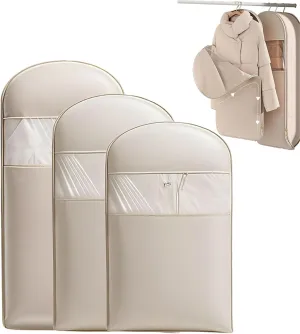 Space Saving Hanging Garment Bag with Self Compression Zipper, Dust Cover Clothes Bags for Down Coat, Closet Organizers Garment Bags (Beige,3Pcs(S M L))