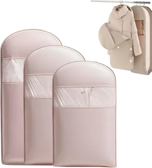 Space Saving Hanging Garment Bag with Self Compression Zipper, Dust Cover Clothes Bags for Down Coat, Closet Organizers Garment Bags (Pink,3Pcs(S M L))