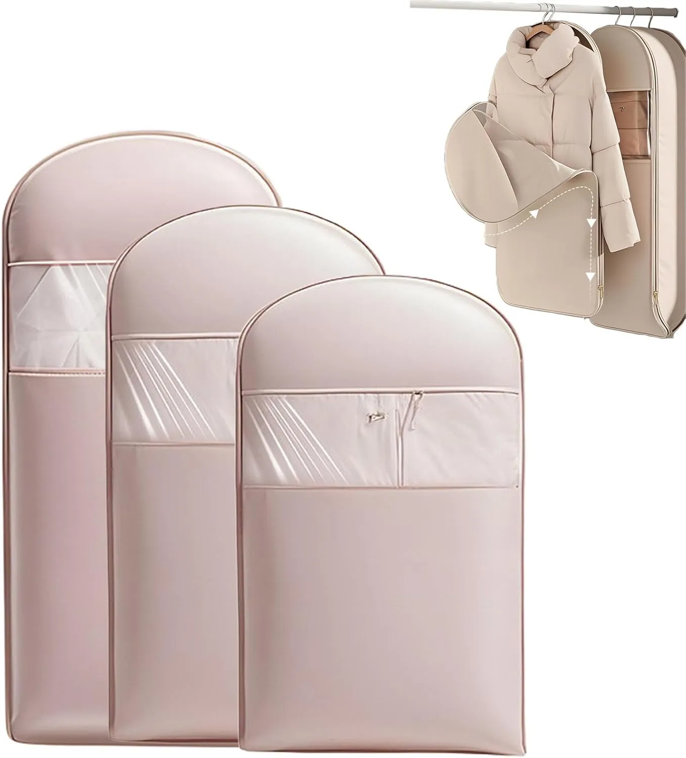 Space Saving Hanging Garment Bag with Self Compression Zipper, Dust Cover Clothes Bags for Down Coat, Closet Organizers Garment Bags (Pink,3Pcs(S M L))