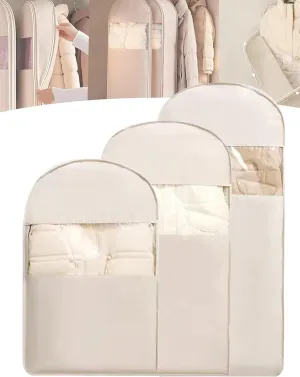 Space Saving Hanging Garment Bag with Self Compression Zipper Large Clear Window Closet Organizer for Down Jackets Coats Otherwise Space-saving Compression Garment Bag (Oat Beige, M L XL)
