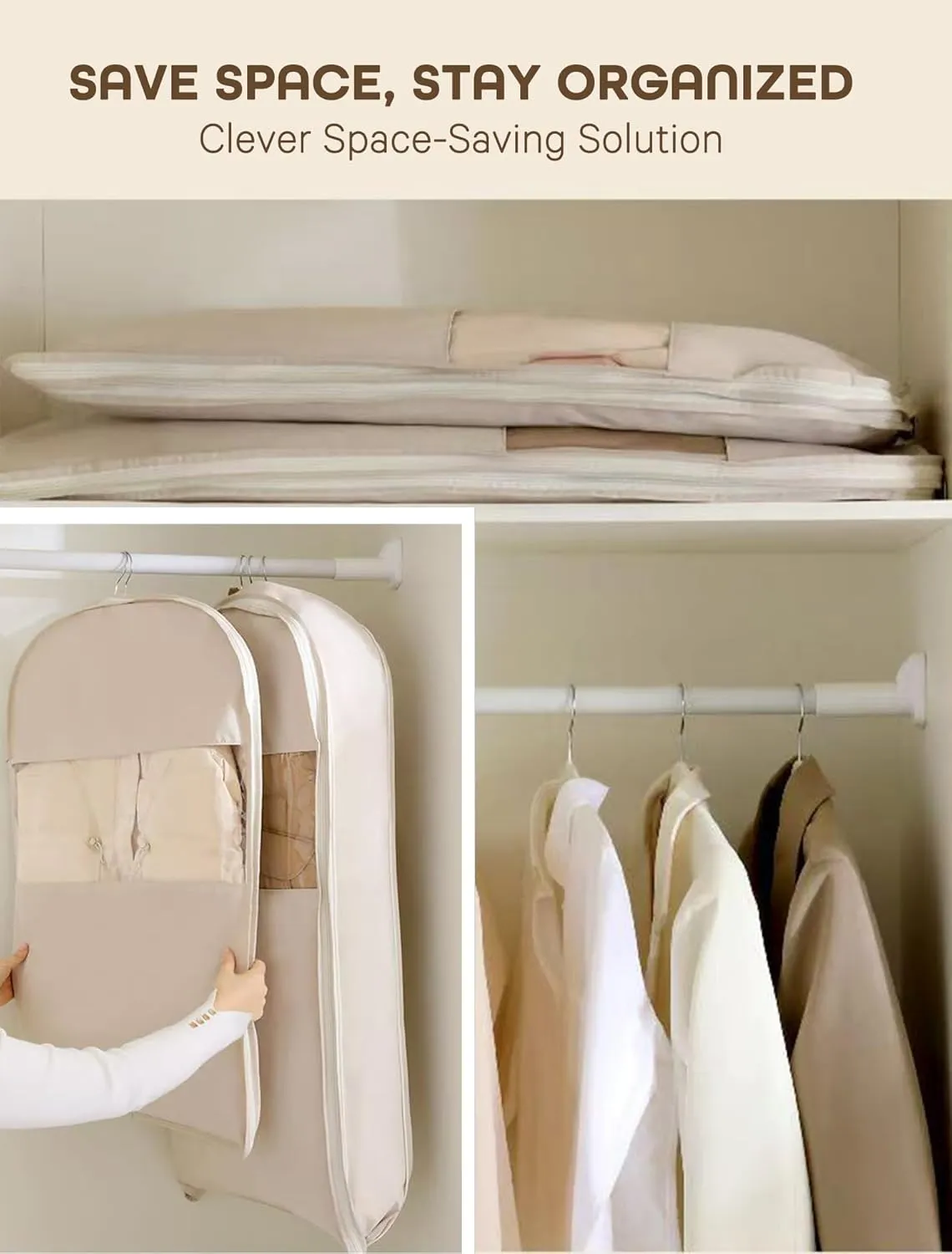 Space Saving Hanging Garment Bag with Self Compression Zipper Large Clear Window Closet Organizer for Down Jackets Coats Otherwise Space-saving Compression Garment Bag (Oat Beige, M L XL)