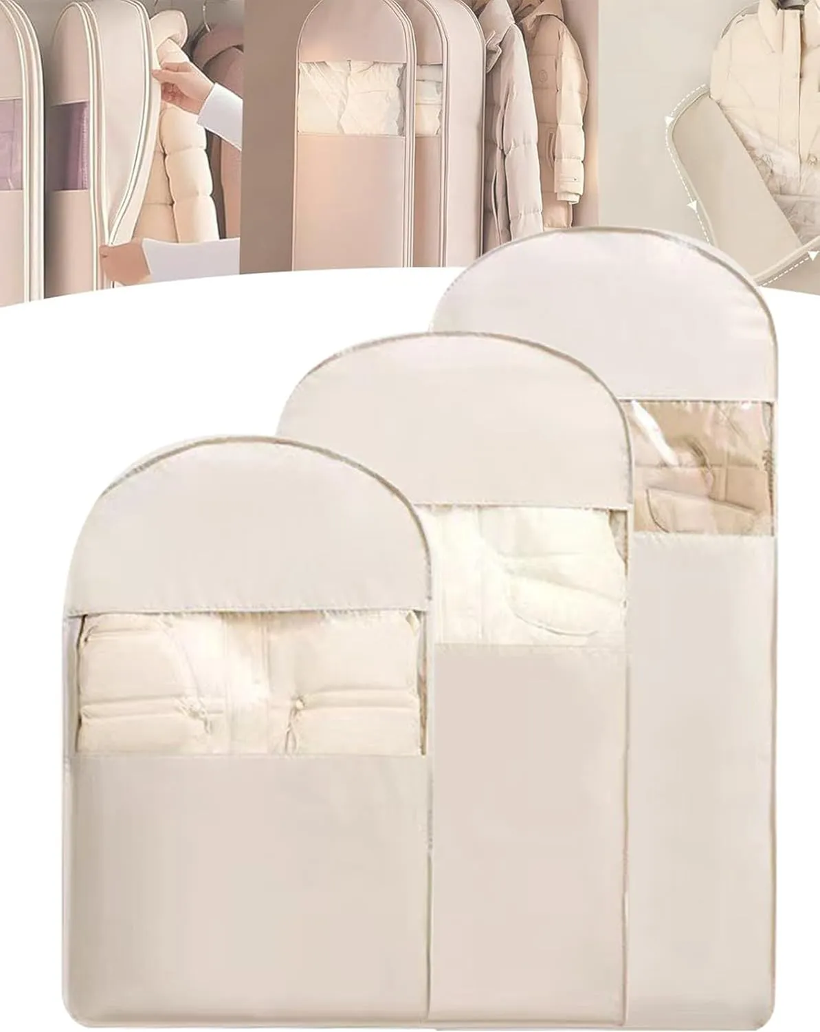 Space Saving Hanging Garment Bag with Self Compression Zipper Large Clear Window Closet Organizer for Down Jackets Coats Otherwise Space-saving Compression Garment Bag (Oat Beige, M L XL)
