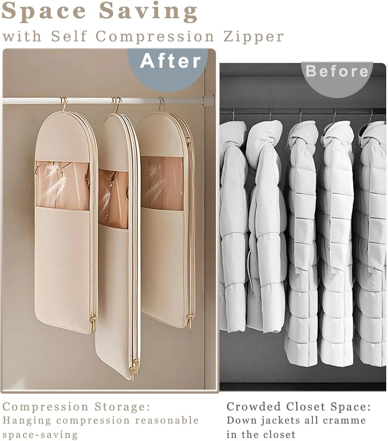 Space Saving Hanging Garment Bag with Self Compression Zipper, Otherwise Travel Clothes Bags for Down Coat Storage, Protector Dust Cover Closet Organizers (Pink, 3pcs)