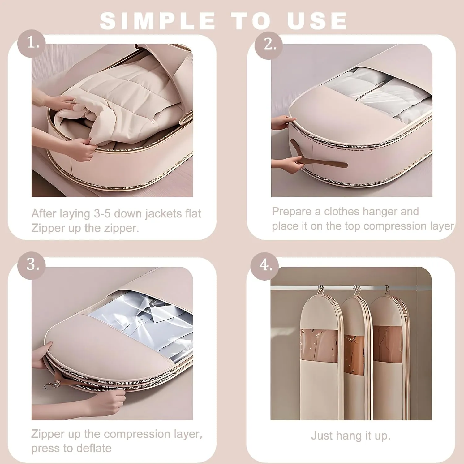 Space Saving Hanging Garment Bag with Self Compression Zipper, Otherwise Travel Clothes Bags for Down Coat Storage, Protector Dust Cover Closet Organizers (Pink, 3pcs)