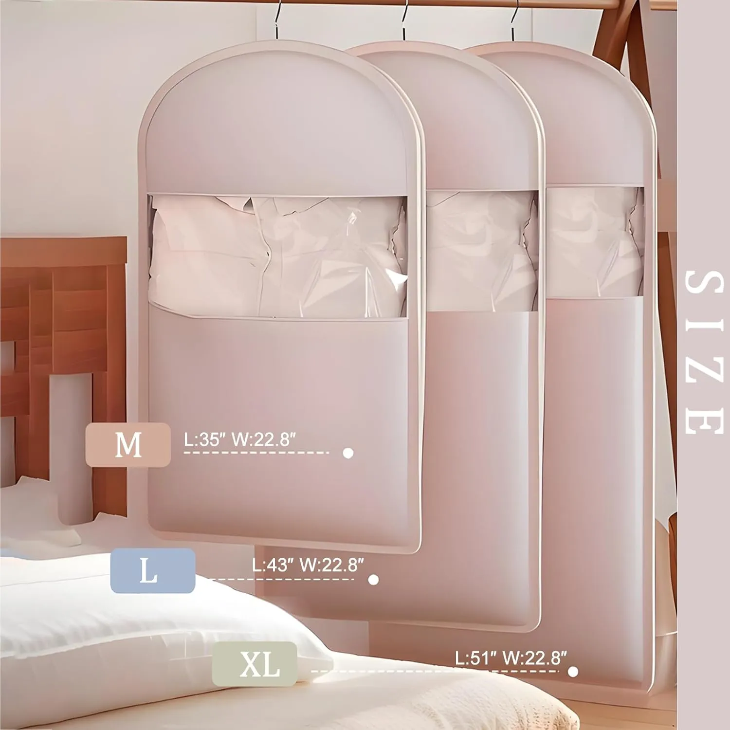 Space Saving Hanging Garment Bag with Self Compression Zipper, Otherwise Travel Clothes Bags for Down Coat Storage, Protector Dust Cover Closet Organizers (Pink, 3pcs)