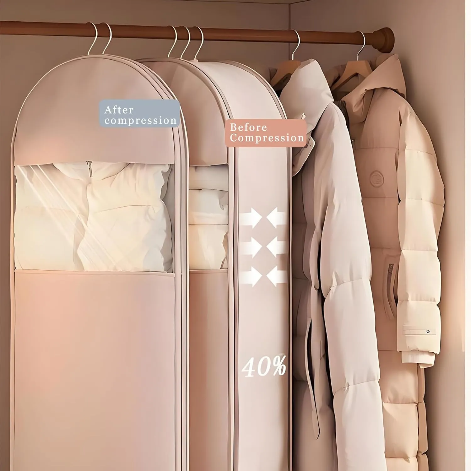 Space Saving Hanging Garment Bag with Self Compression Zipper, Otherwise Travel Clothes Bags for Down Coat Storage, Protector Dust Cover Closet Organizers (Pink, 3pcs)