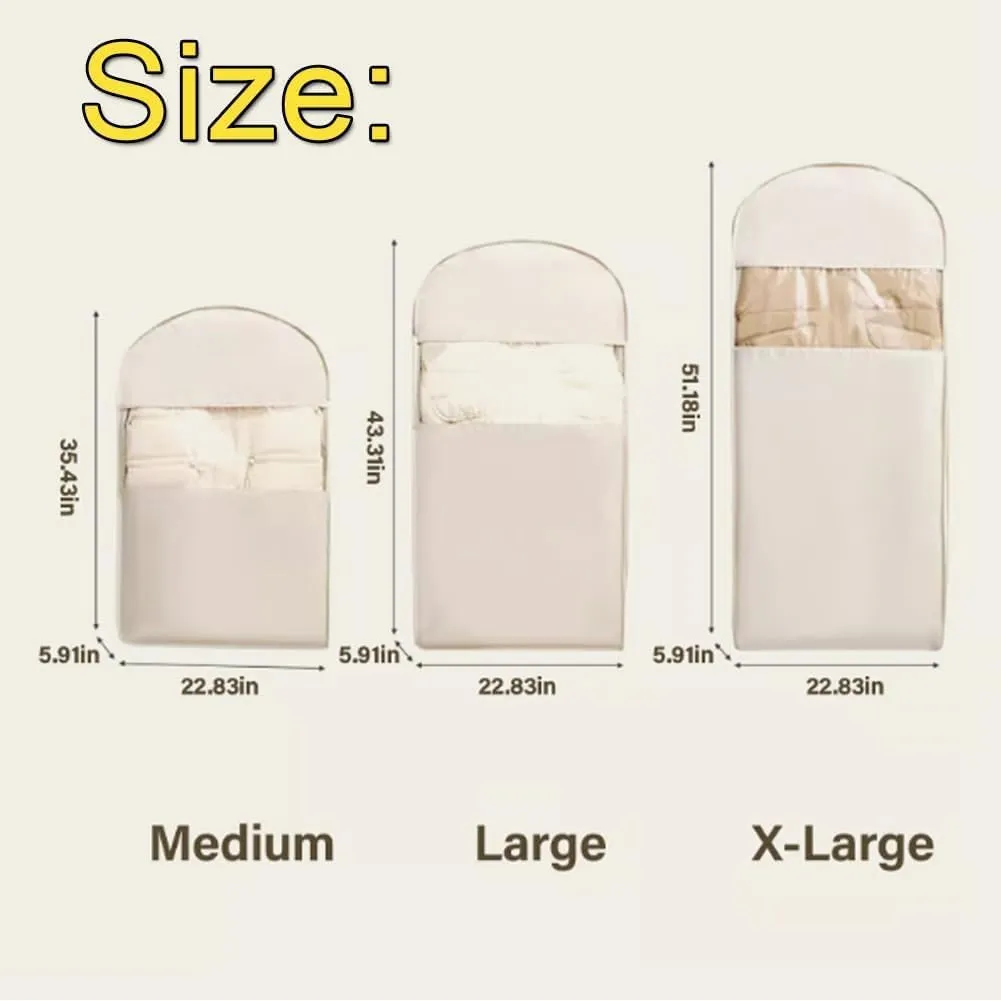 Space Saving Hanging Garment Bag with Self Compression Zipper, Self Compression Zip Garment Bags, Space Saving Hanging Bag, Down Coat Compression Dust Cover for Closet Storage (Beige, M)