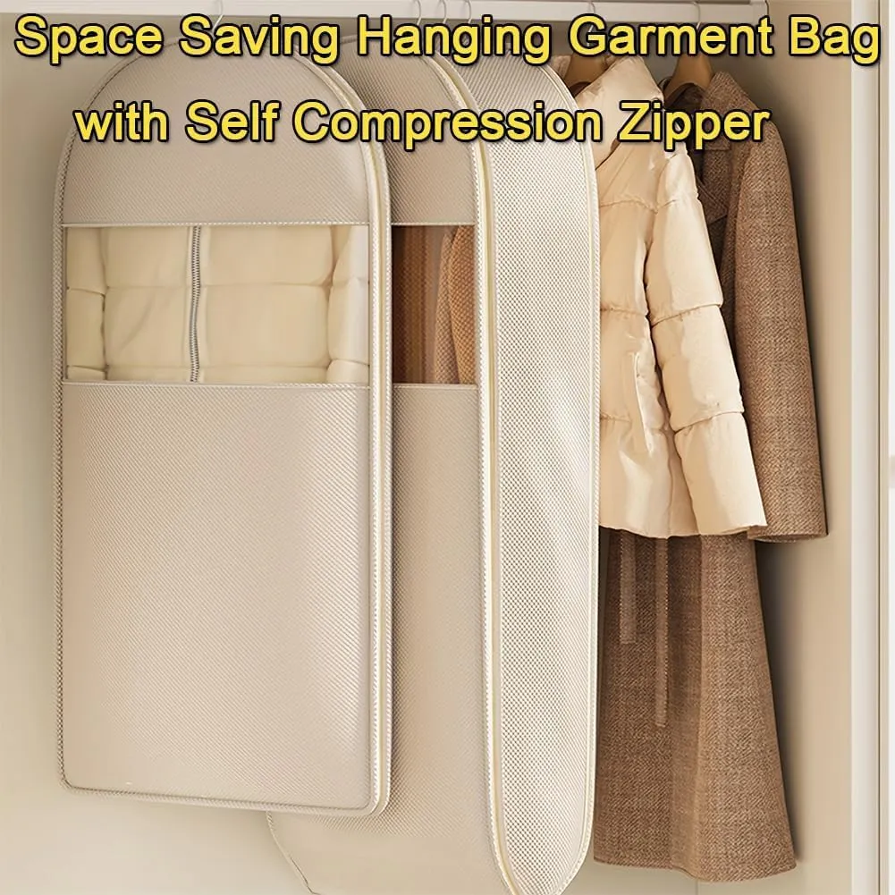 Space Saving Hanging Garment Bag with Self Compression Zipper, Self Compression Zip Garment Bags, Space Saving Hanging Bag, Down Coat Compression Dust Cover for Closet Storage (Beige, M)