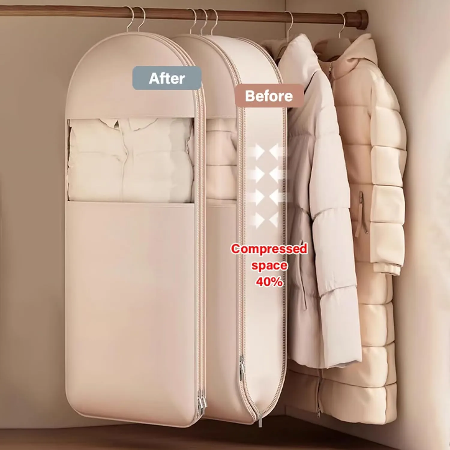 Space Saving Hanging Garment Bag with Self Compression Zipper, Space Saver Closet Organizers, Dust Cover Clothes Bags for Down Coat for Closet Storage (Beige, L)
