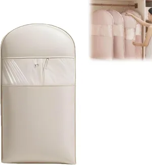 Space Saving Hanging Garment Bag with Self Compression Zipper, Space Saver Closet Organizers, Dust Cover Clothes Bags for Down Coat for Closet Storage (Beige, L)