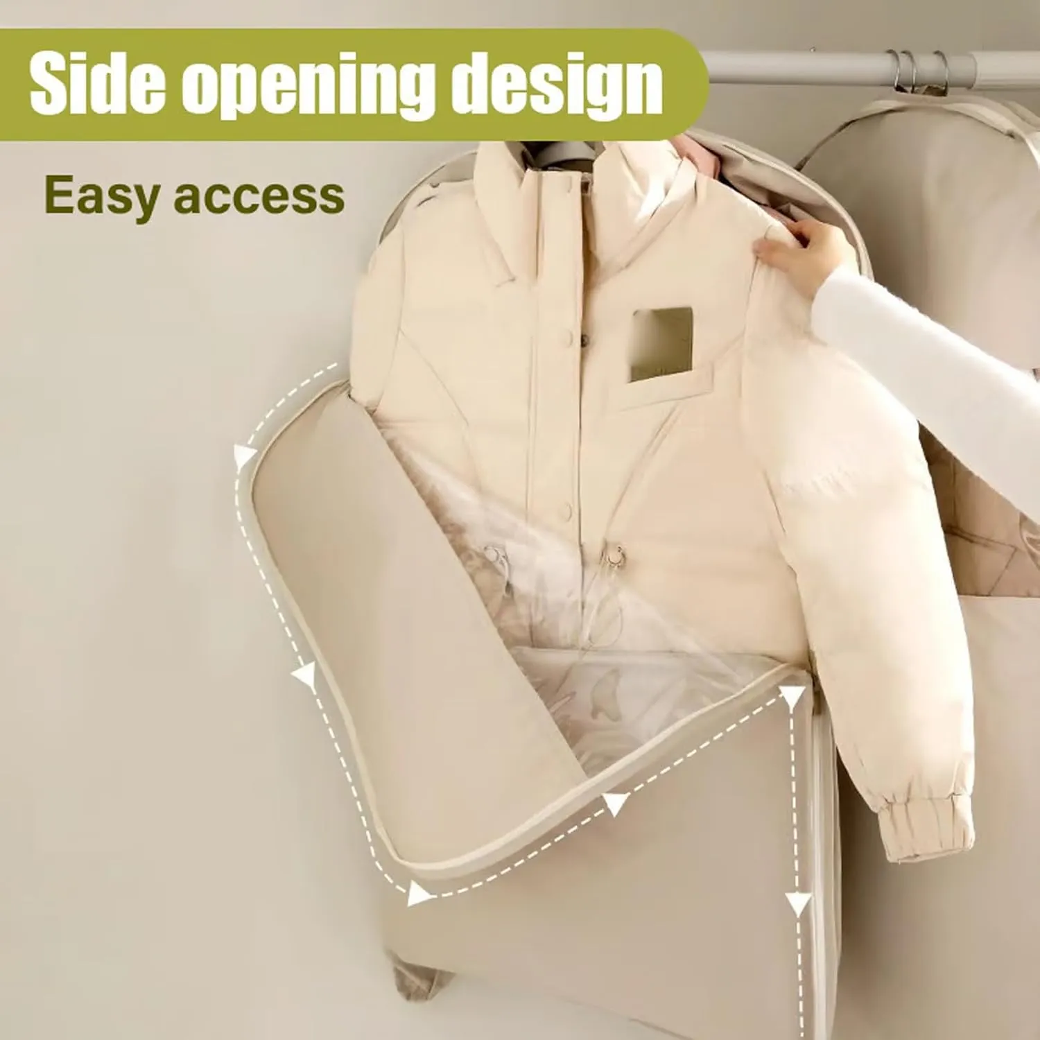 Space Saving Hanging Garment Bag with Self Compression Zipper, Space Saver Closet Organizers, Dust Cover Clothes Bags for Down Coat for Closet Storage (Beige, L)