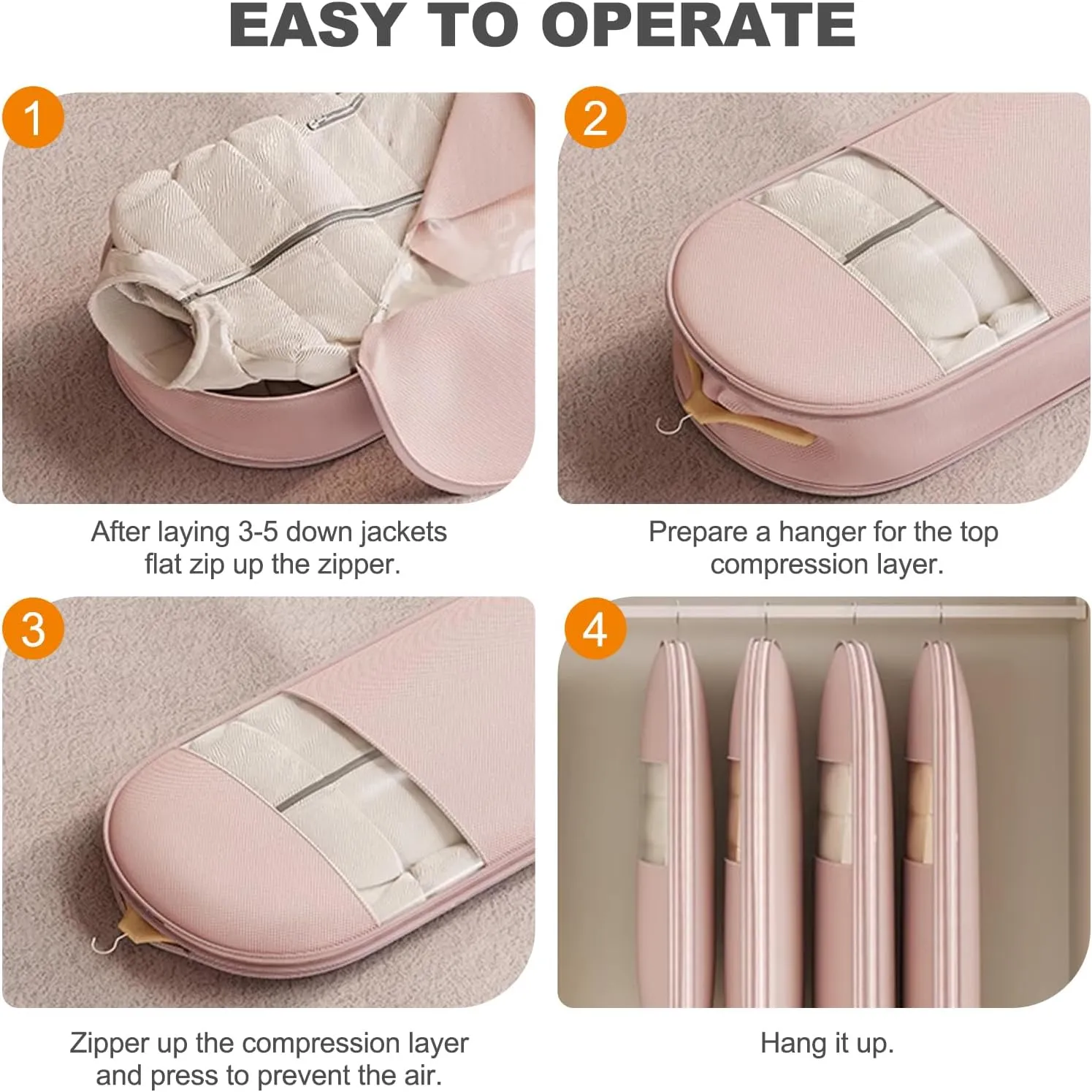 Space Saving Hanging Garment Bag with Self Compression Zipper, Space Saver Closet Organizers, Dust Cover Clothes Bags for Down Coat, Jackets, Shirts and Sweater (Pink, XL)