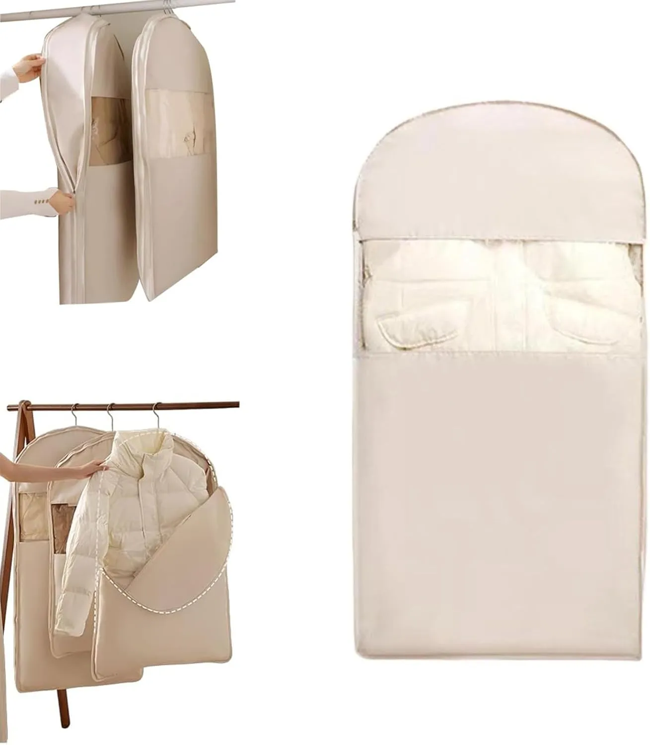 Space Saving Hanging Garment Bag with Self Compression Zipper, Space Saver Closet Organizers, Otherwise Garment Bag Dust Proof Storage, Clothes Cover Protectors for Travel Home Down Coat (Beige, M)