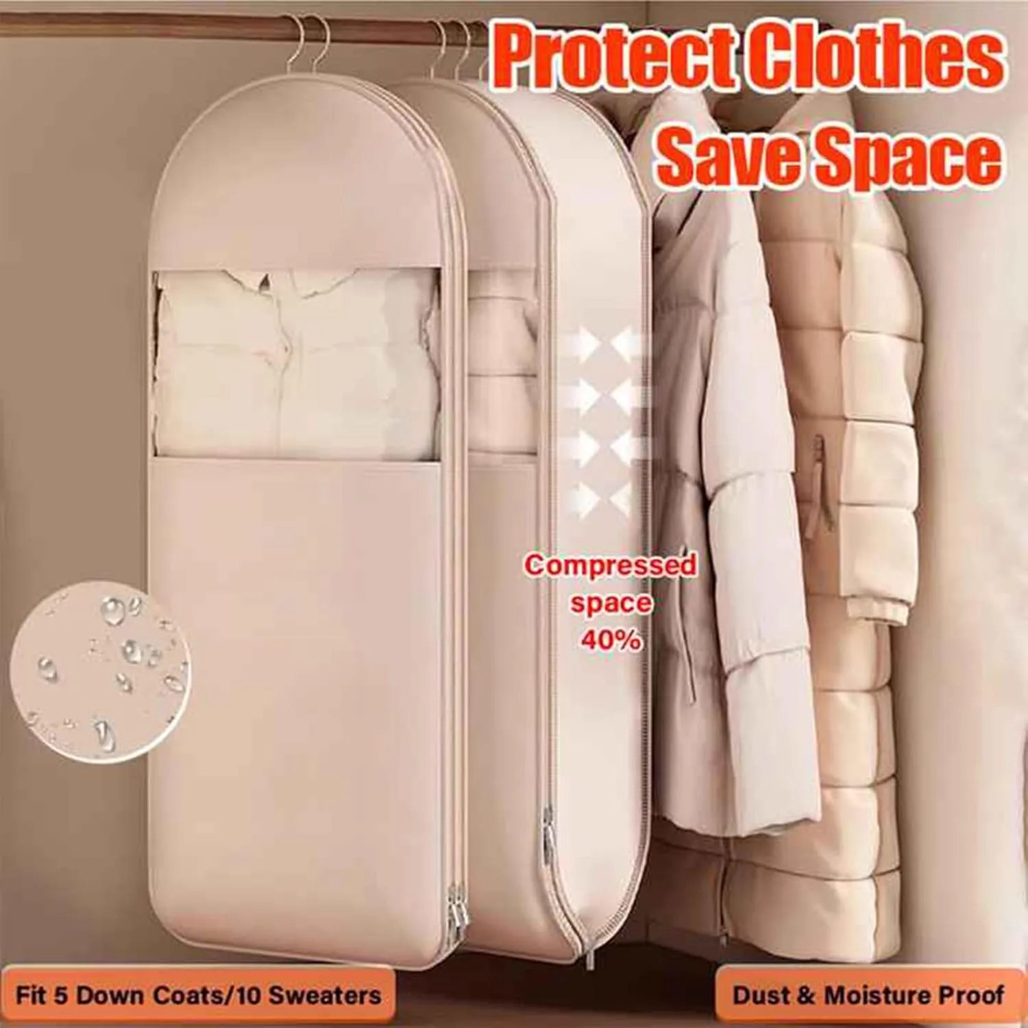 Space Saving Hanging Garment Bag with Self Compression Zipper, Space Saver Closet Organizers, Otherwise Garment Bag Dust Proof Storage, Clothes Cover Protectors for Travel Home Down Coat (Beige, M)