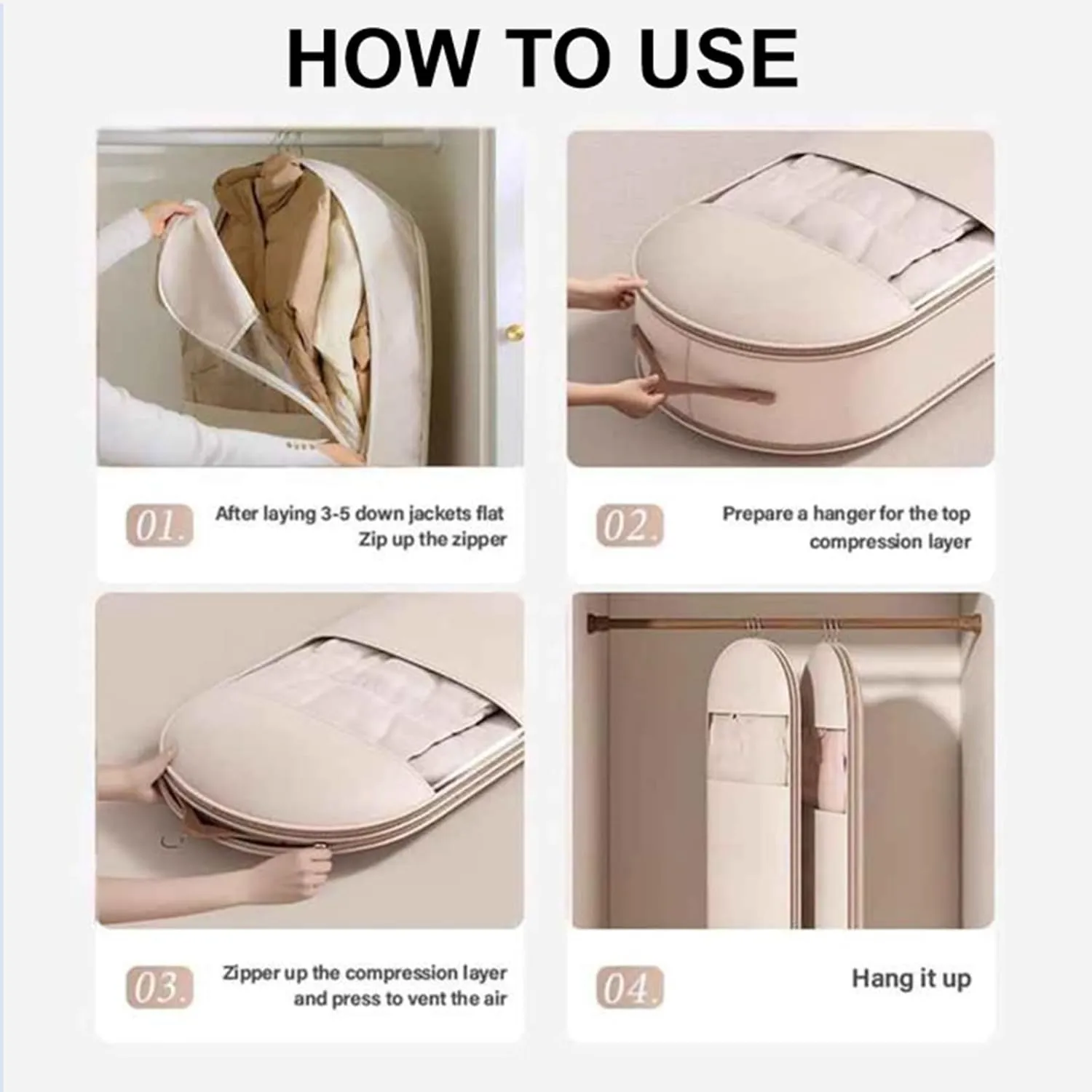 Space Saving Hanging Garment Bag with Self Compression Zipper, Space Saver Closet Organizers, Otherwise Garment Bag Dust Proof Storage, Clothes Cover Protectors for Travel Home Down Coat (Beige, M)