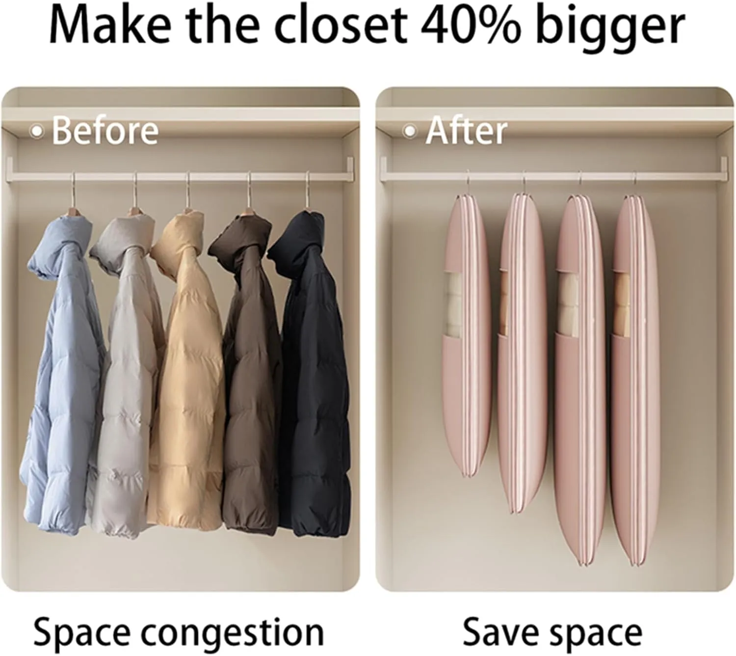 Space Saving Hanging Garment Bag with Self Compression Zipper, Space Saver Closet Organizers, Otherwise Garment Bag Dust Proof Storage, Clothes Cover Protectors for Travel Home Down Coat (Beige, M)