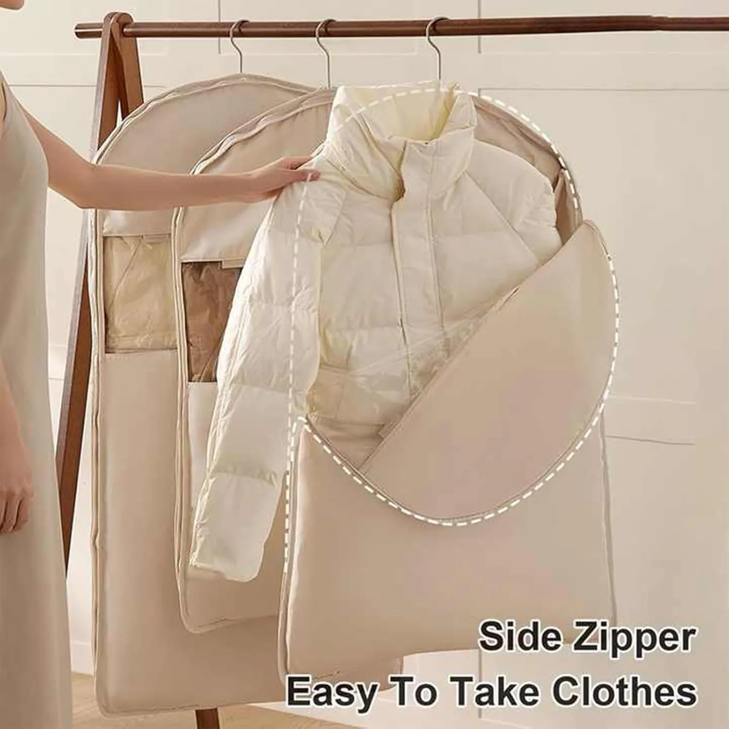 Space Saving Hanging Garment Bag with Self Compression Zipper, Space Saver Closet Organizers, Otherwise Garment Bag Dust Proof Storage, Clothes Cover Protectors for Travel Home Down Coat (Beige, M)