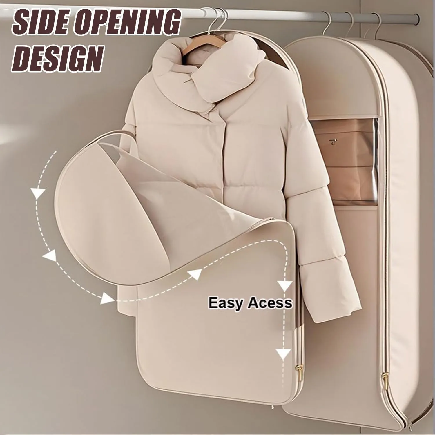 Space Saving Hanging Garment Bag with Self Compression Zipper, Space-Saving Dust-Proof Down Jacket Compression Storage Bag for Coats Blankets, Sweaters, Seasonal Clothes(Beige, XL)