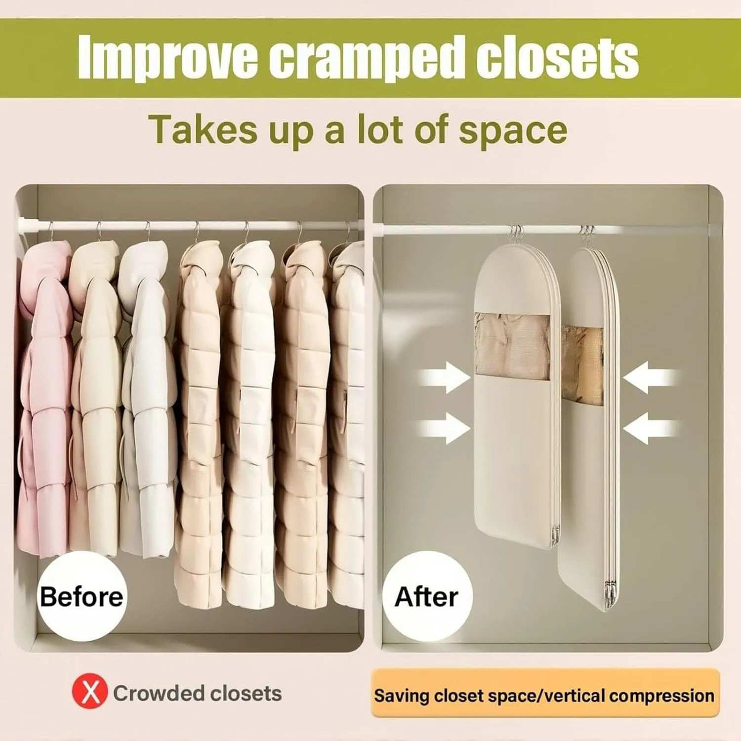 Space Saving Hanging Garment Bag with Self Compression Zipper, Space Saving Hanging Bag, Self Compression Zip Garment Bags, Dust Cover Clothes Bags for down, Coat Transparent Visibility (Pink-L*2)