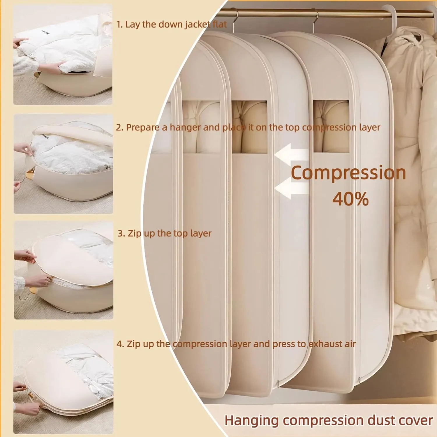 Space Saving Hanging Garment Bag with Self Compression Zipper, Space Saving Hanging Bag, Self Compression Zip Garment Bags, Dust Cover Clothes Bags for down, Coat Transparent Visibility (Pink-L*2)
