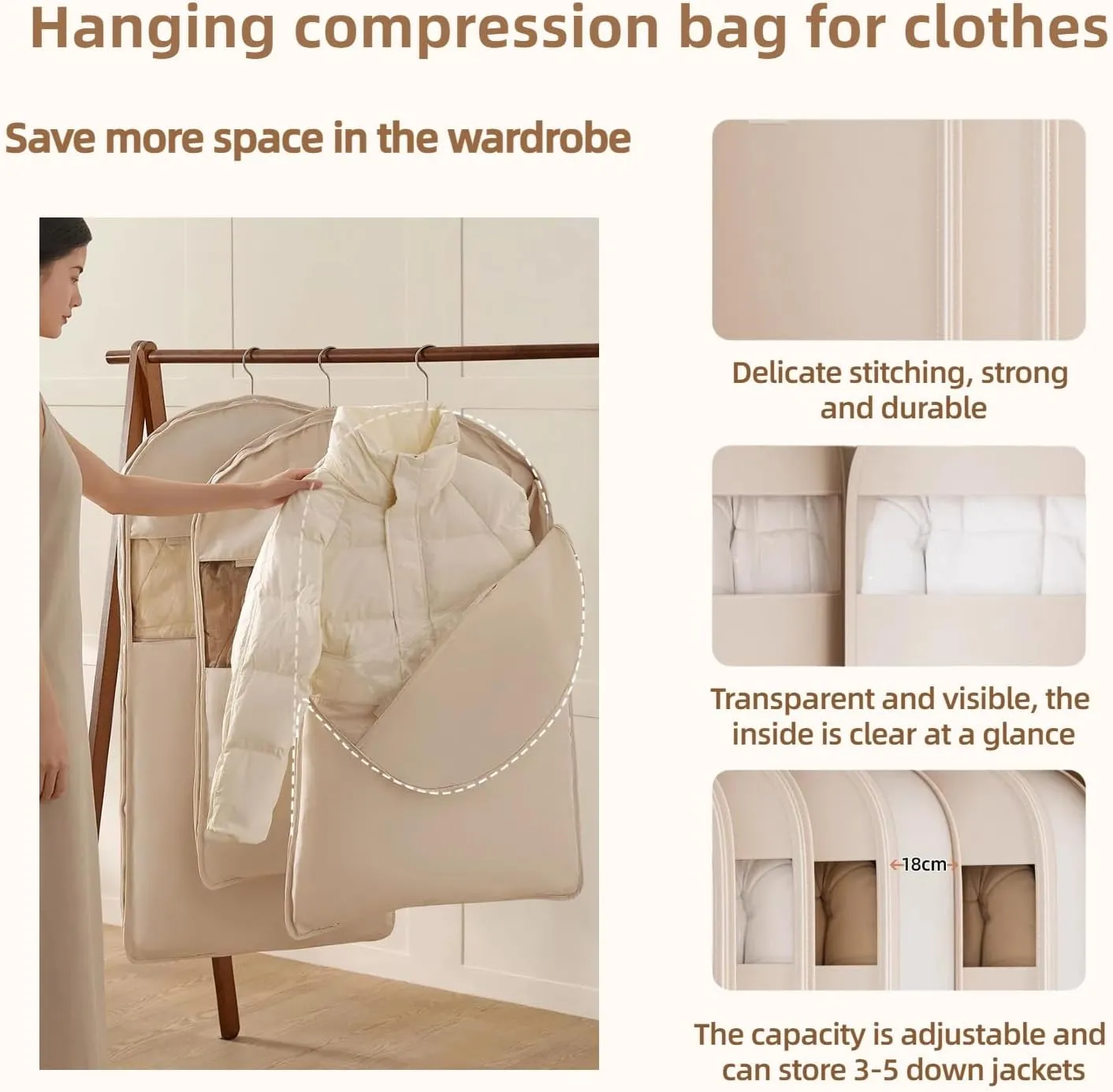 Space Saving Hanging Garment Bag with Self Compression Zipper, Space Saving Hanging Bag, Self Compression Zip Garment Bags, Dust Cover Clothes Bags for down, Coat Transparent Visibility (Pink-L*2)