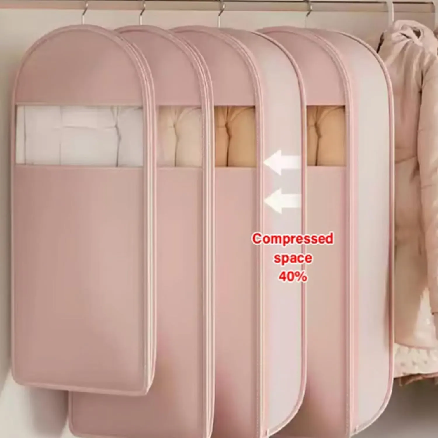 Space Saving Hanging Garment Bag with Self Compression Zipper, Space Saving Hanging Garment Bags, Down Coat Compression Dust Cover (Beige,XL)