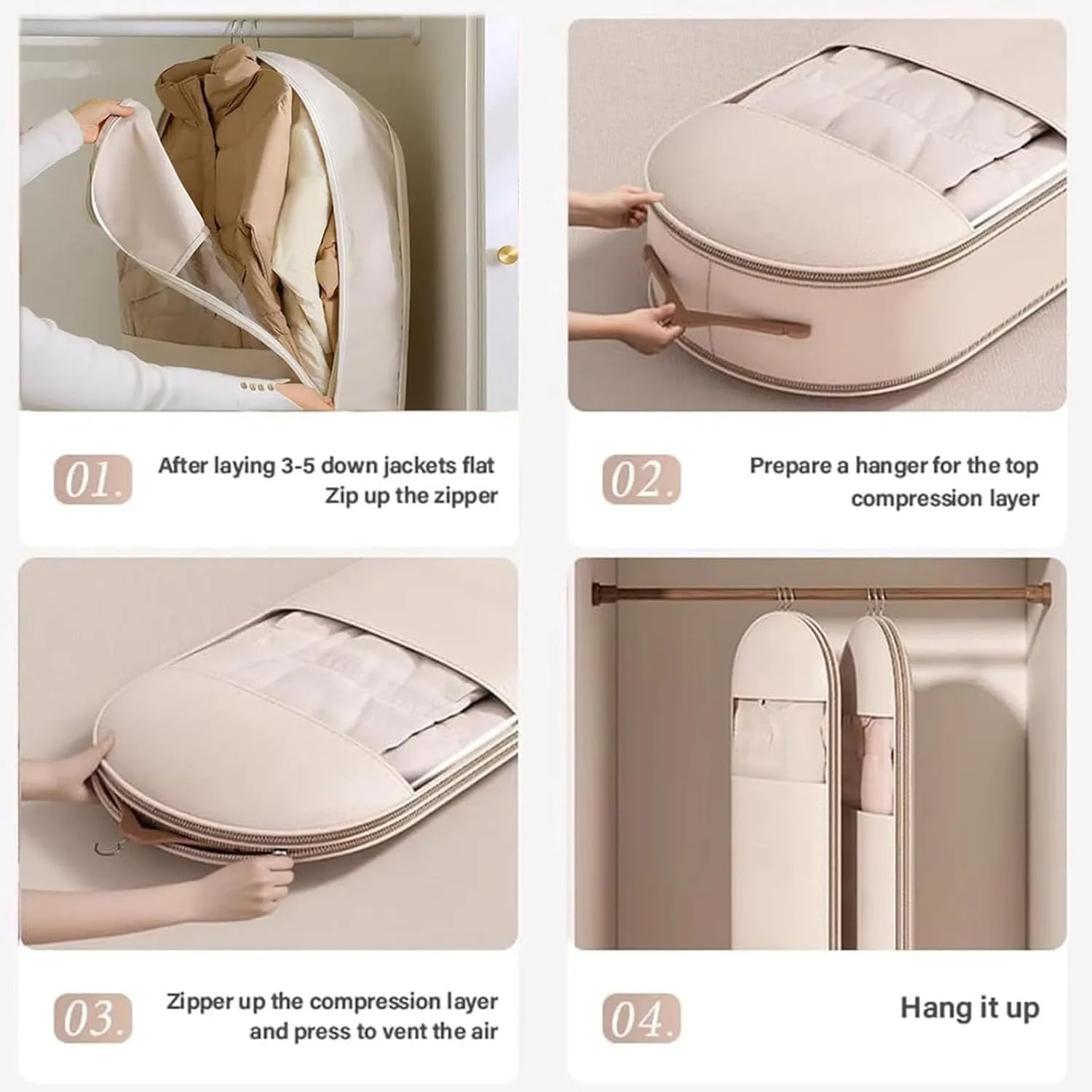 Space Saving Hanging Garment Bag with Self Compression Zipper, Space Saving Hanging Garment Bags, Down Coat Compression Dust Cover (Beige,XL)