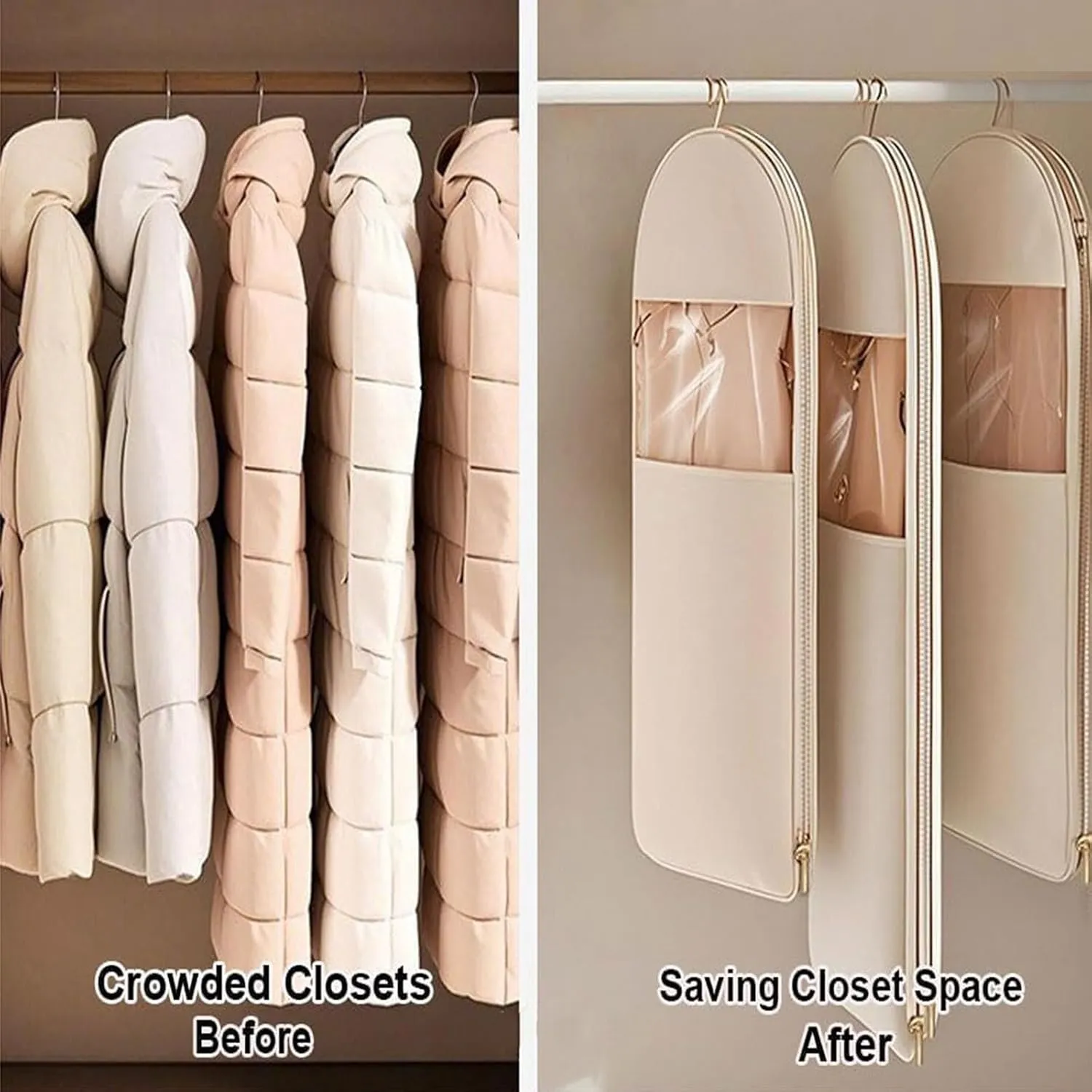 Space Saving Hanging Garment Bag with Self Compression Zipper, Space Saving Hanging Garment Bags, Down Coat Compression Dust Cover (Beige,XL)