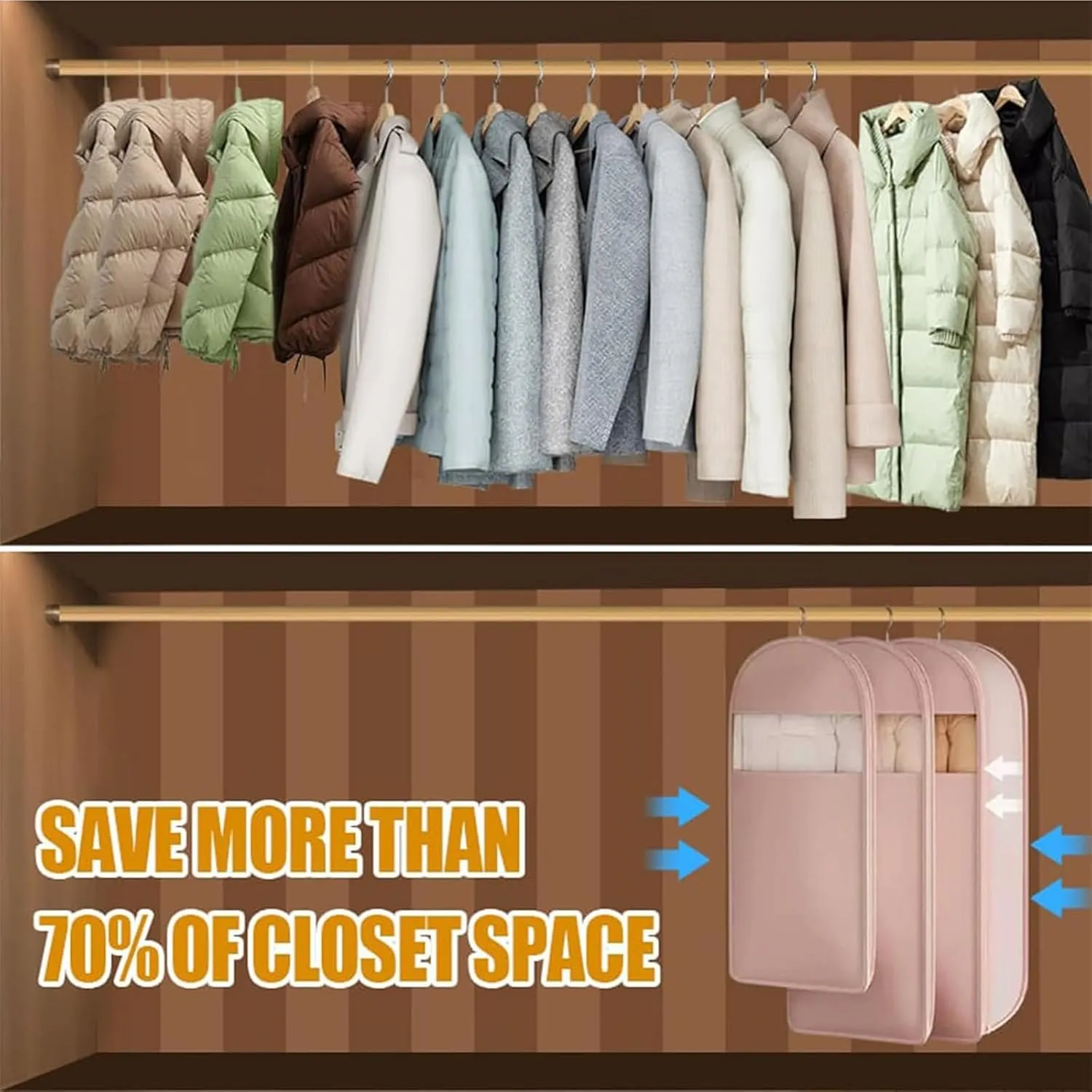 Space Saving Hanging Garment Bag with Self Compression Zipper, Space Saving Hanging Garment Bags, Down Coat Compression Dust Cover (Beige,XL)