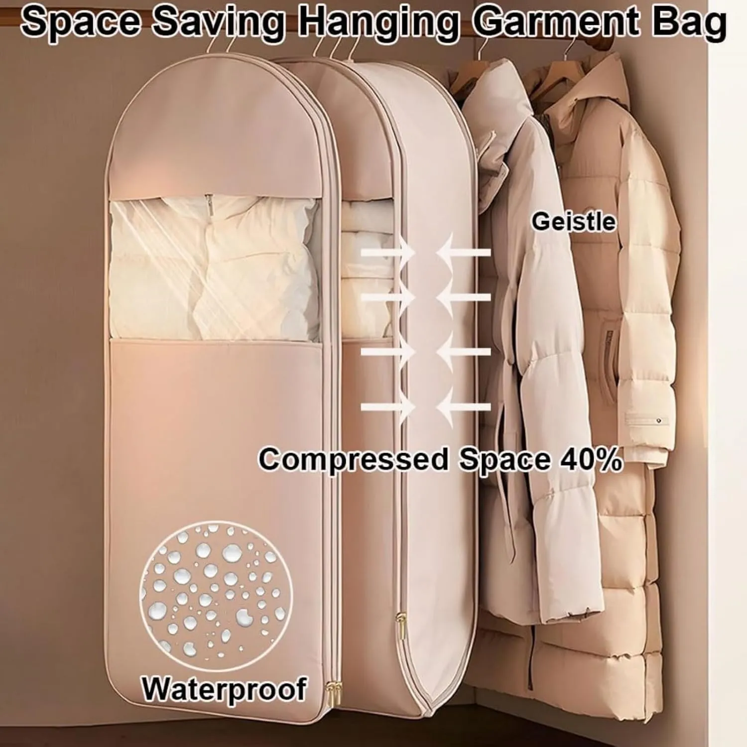 Space Saving Hanging Garment Bag with Self, Compression Zipper, Travel Organizer for down Coat Suit, Dust Cover Clothes Bags for down Coat, Space Saver Closet Organizers (Pink, M L XL)