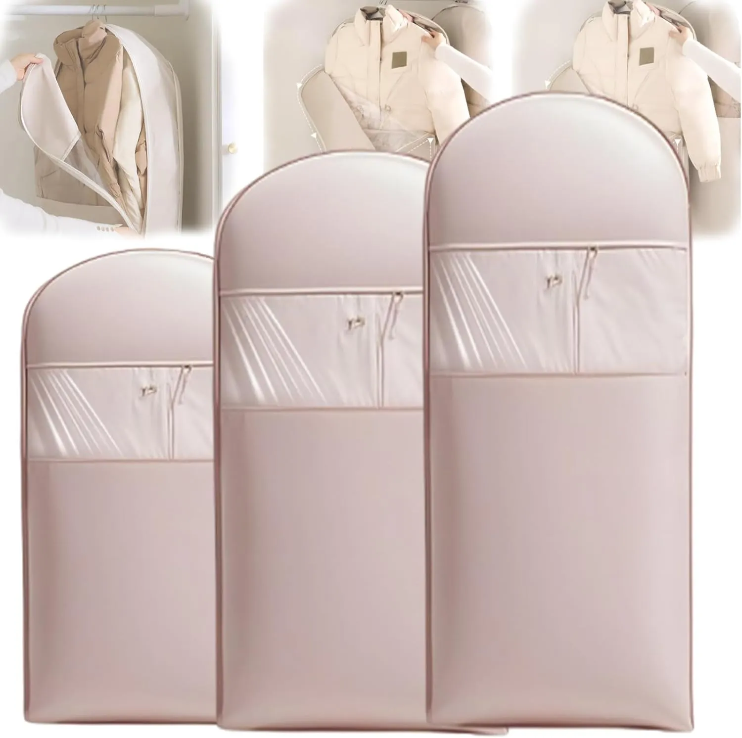Space Saving Hanging Garment Bag with Self, Compression Zipper, Travel Organizer for down Coat Suit, Dust Cover Clothes Bags for down Coat, Space Saver Closet Organizers (Pink, M L XL)