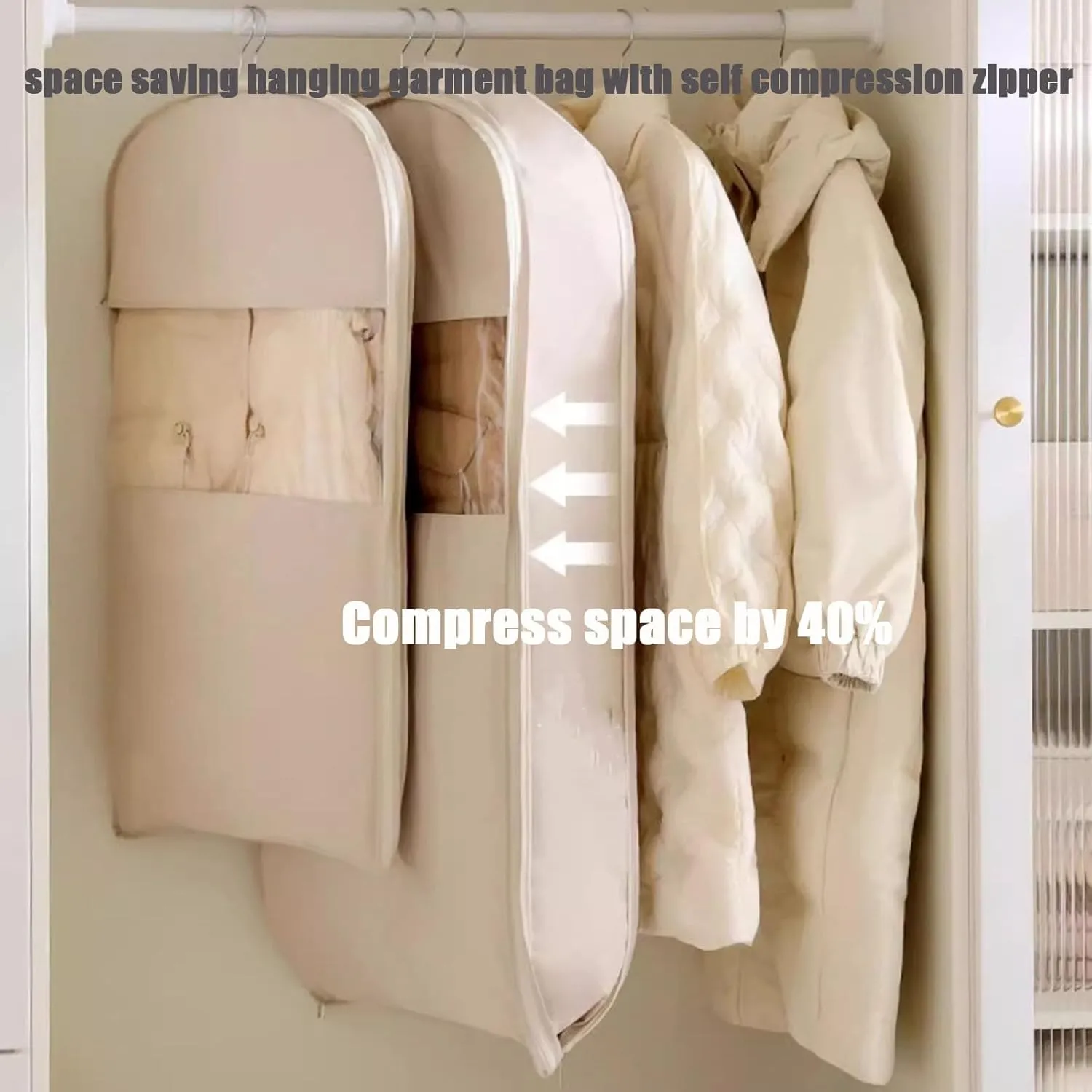 Space Saving Hanging Garment Bag with Self Compression Zipper, Upgrade Dust Cover Clothes Bags for Down Coat, Closet Organizers Heavy Duty Garment Bag Winter Coat Storage (Beige, S M L)