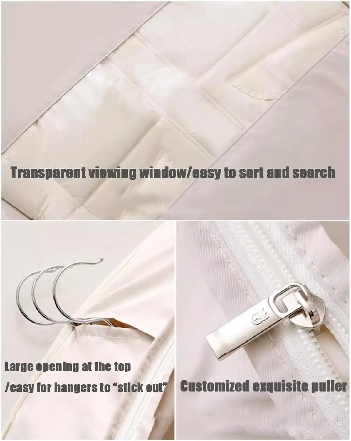 Space Saving Hanging Garment Bag with Self Compression Zipper, Upgrade Dust Cover Clothes Bags for Down Coat, Closet Organizers Heavy Duty Garment Bag Winter Coat Storage (Beige, S M L)