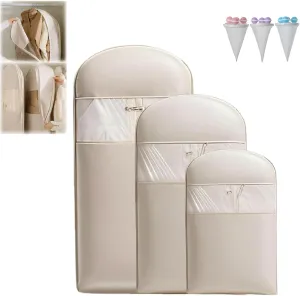 Space Saving Hanging Garment Bag with Self Compression Zipper, Upgrade Dust Cover Clothes Bags for Down Coat, Closet Organizers Heavy Duty Garment Bag Winter Coat Storage (Beige, S M L)