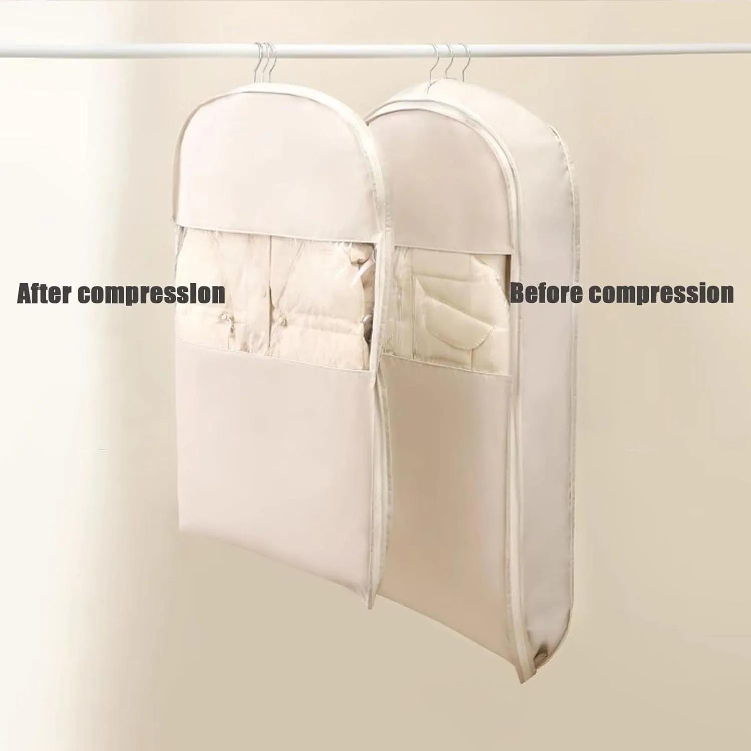 Space Saving Hanging Garment Bag with Self Compression Zipper, Upgrade Dust Cover Clothes Bags for Down Coat, Closet Organizers Heavy Duty Garment Bag Winter Coat Storage (Beige, S M L)