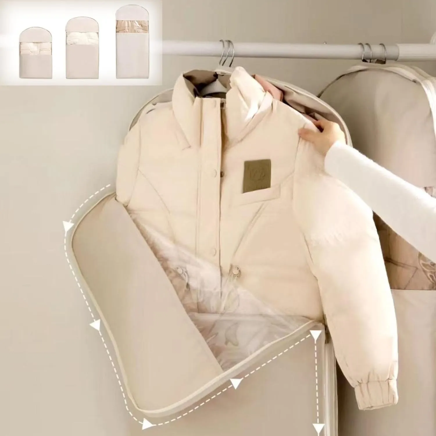 Space Saving Hanging Garment Bag with Self Compression Zipper, Upgrade Dust Cover Clothes Bags for Down Coat, Closet Organizers Heavy Duty Garment Bag Winter Coat Storage (Beige, S M L)
