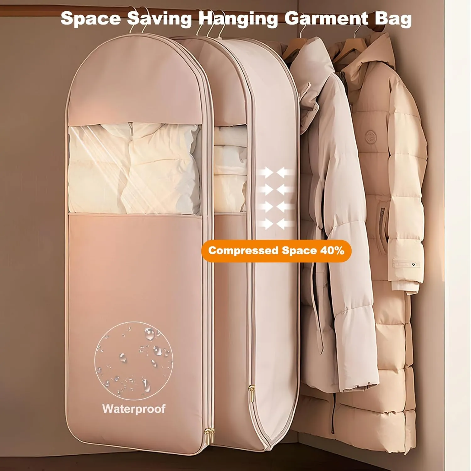 Space Saving Hanging Garment Bag with Self Compression Zipper,Clear Garment Bag for Hanging Clothes,Dust Cover Clothes Bags for Down Coat,Suit Bags for Closet Storage,Hanging Protector for Coats