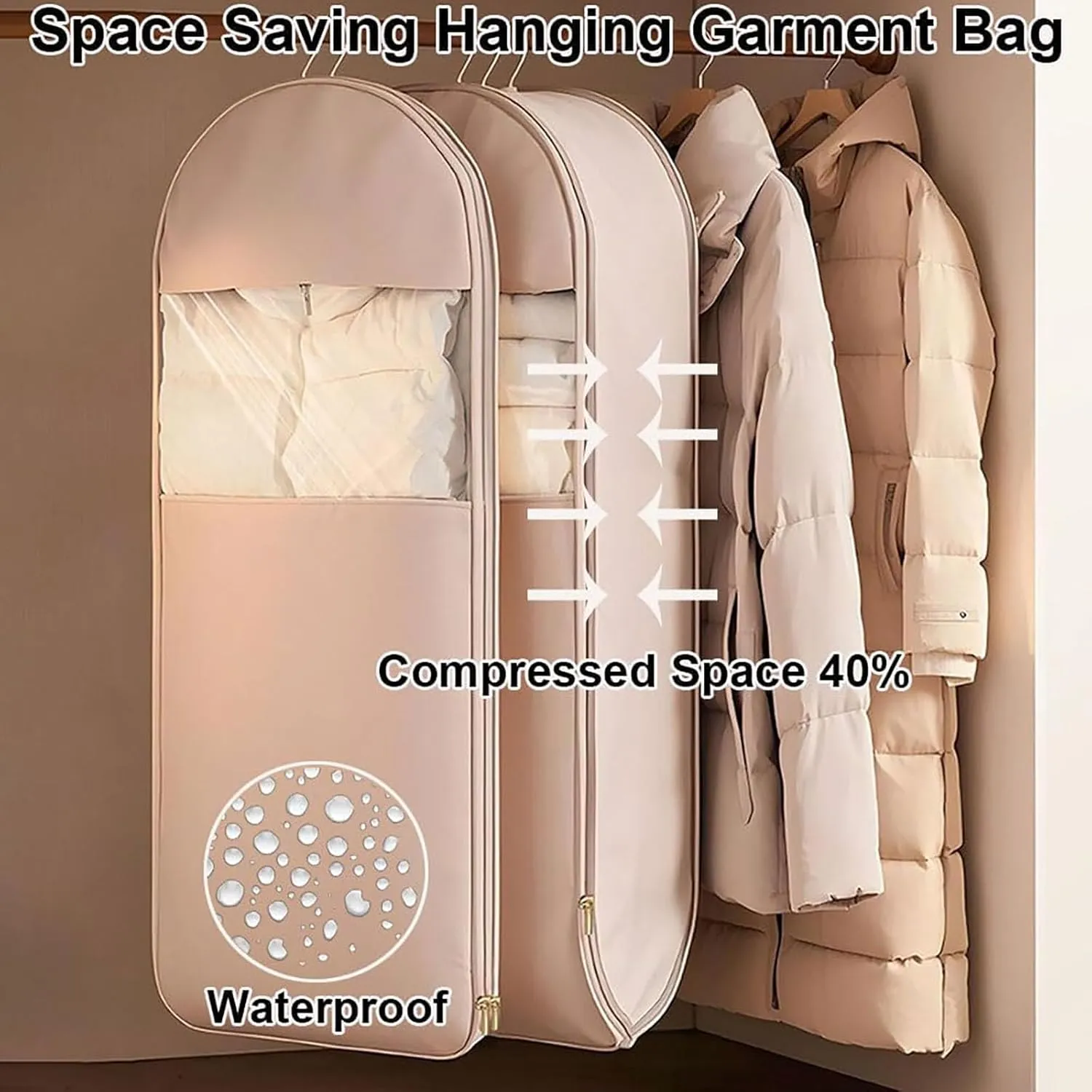 Space Saving Hanging Garment Bag with Self Compression Zipper,Hanging Garment Bags for Closet Storage,Space Saver Closet Organizers,Dust Cover Clothes Bags for Down Coat (Grey, XL)