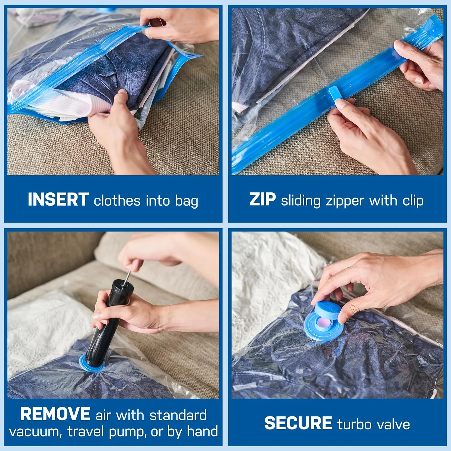 Spacesaver Vacuum Storage Bags, 80% More Storage, Hand-Pump for Travel, Small Vacuum Bags for Travel with Double-Zip Seal and Triple Seal Turbo-Valve for Max Spacing in Storages (Small 6 Pack)