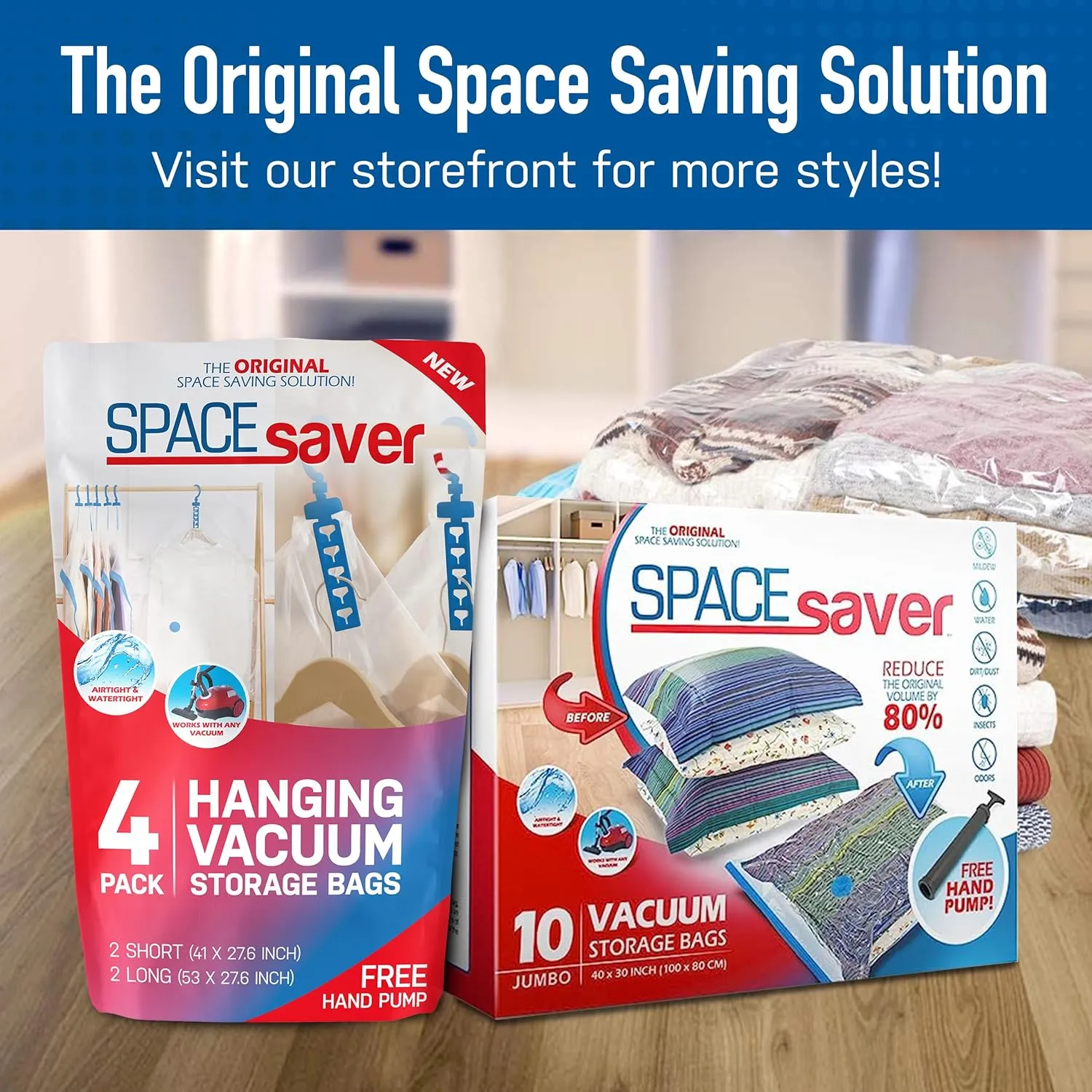 Spacesaver Vacuum Storage Bags, 80% More Storage, Hand-Pump for Travel, Small Vacuum Bags for Travel with Double-Zip Seal and Triple Seal Turbo-Valve for Max Spacing in Storages (Small 6 Pack)