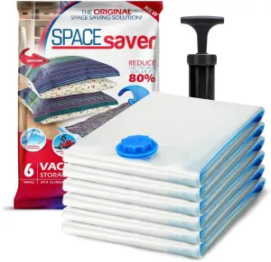 Spacesaver Vacuum Storage Bags, 80% More Storage, Hand-Pump for Travel, Small Vacuum Bags for Travel with Double-Zip Seal and Triple Seal Turbo-Valve for Max Spacing in Storages (Small 6 Pack)