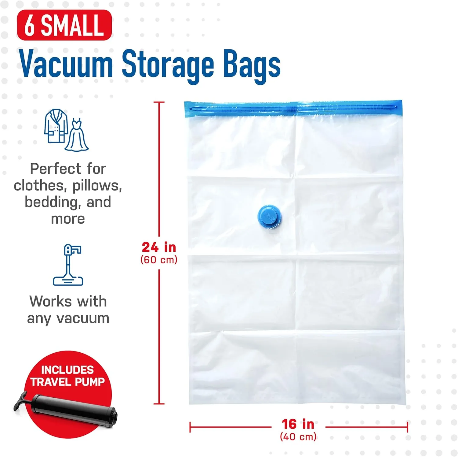 Spacesaver Vacuum Storage Bags, 80% More Storage, Hand-Pump for Travel, Small Vacuum Bags for Travel with Double-Zip Seal and Triple Seal Turbo-Valve for Max Spacing in Storages (Small 6 Pack)