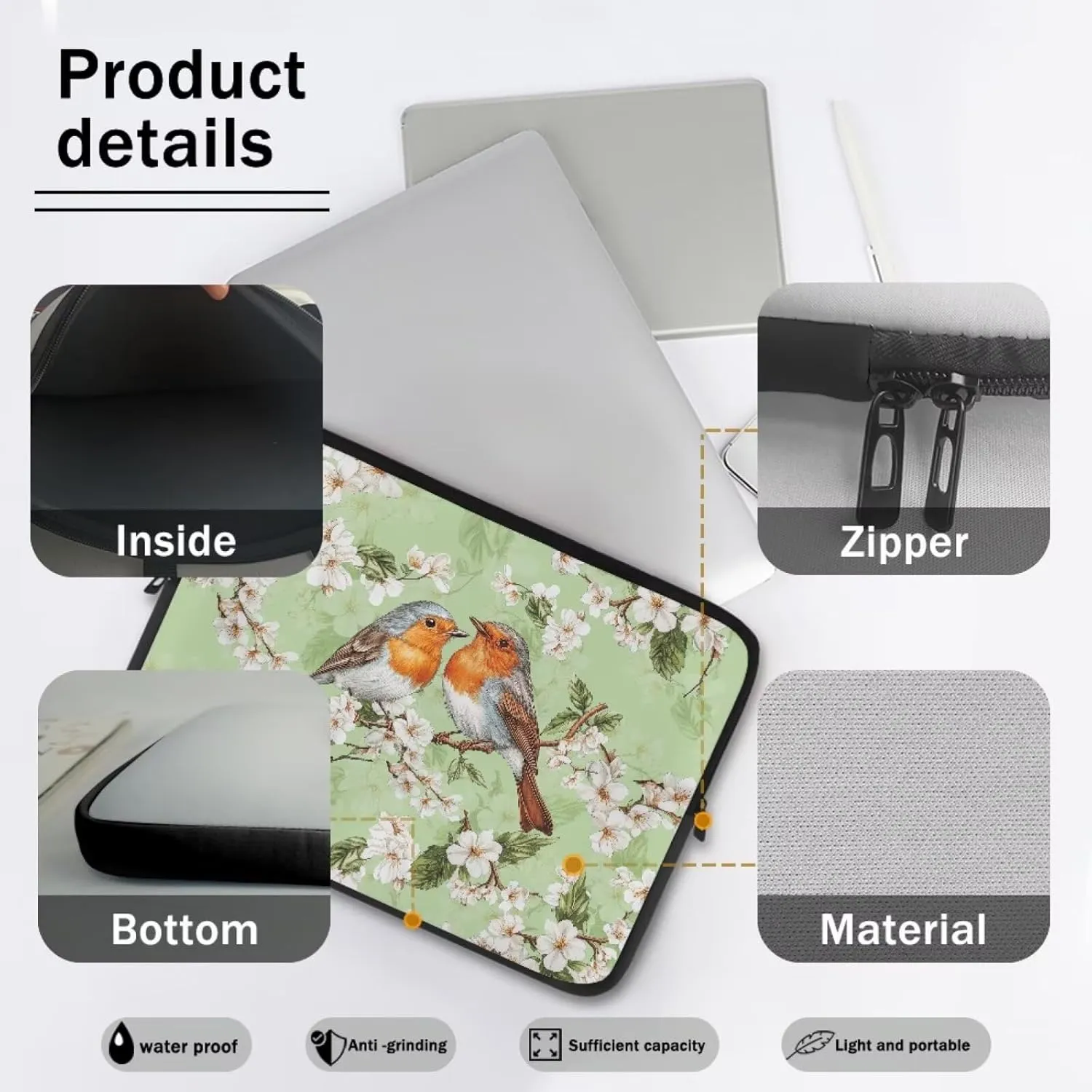 Sparrow Floral Printed Computer Bags for Women Men, Water Resistant Laptop Briefcase 17 Inch Travel Case Compatible with Most Laptops