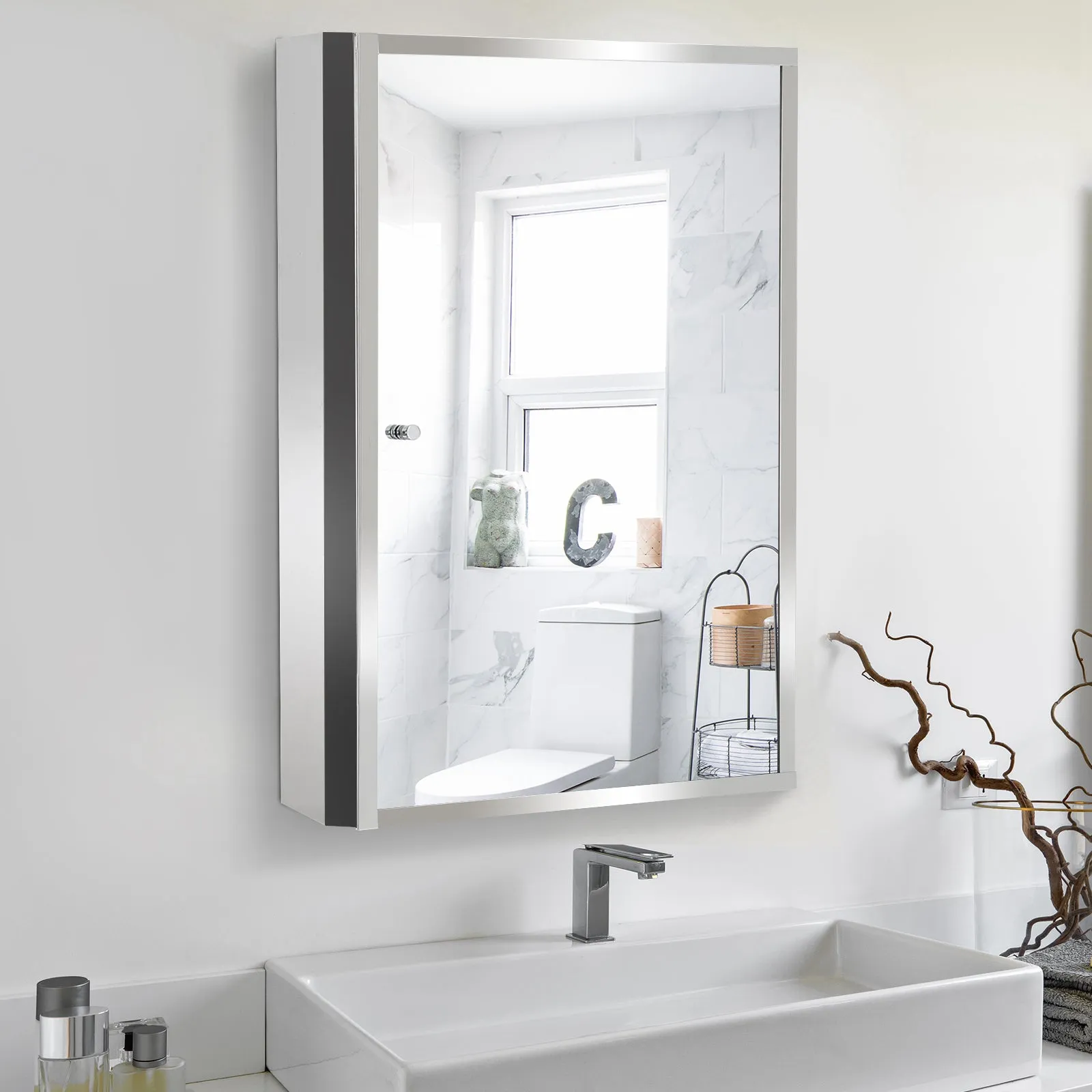 Stainless Steel Wall mounted Bathroom Mirror Cabinet 2 Shelves Storage Unit Furniture w/Single Door 60H x 40L x 13D cm