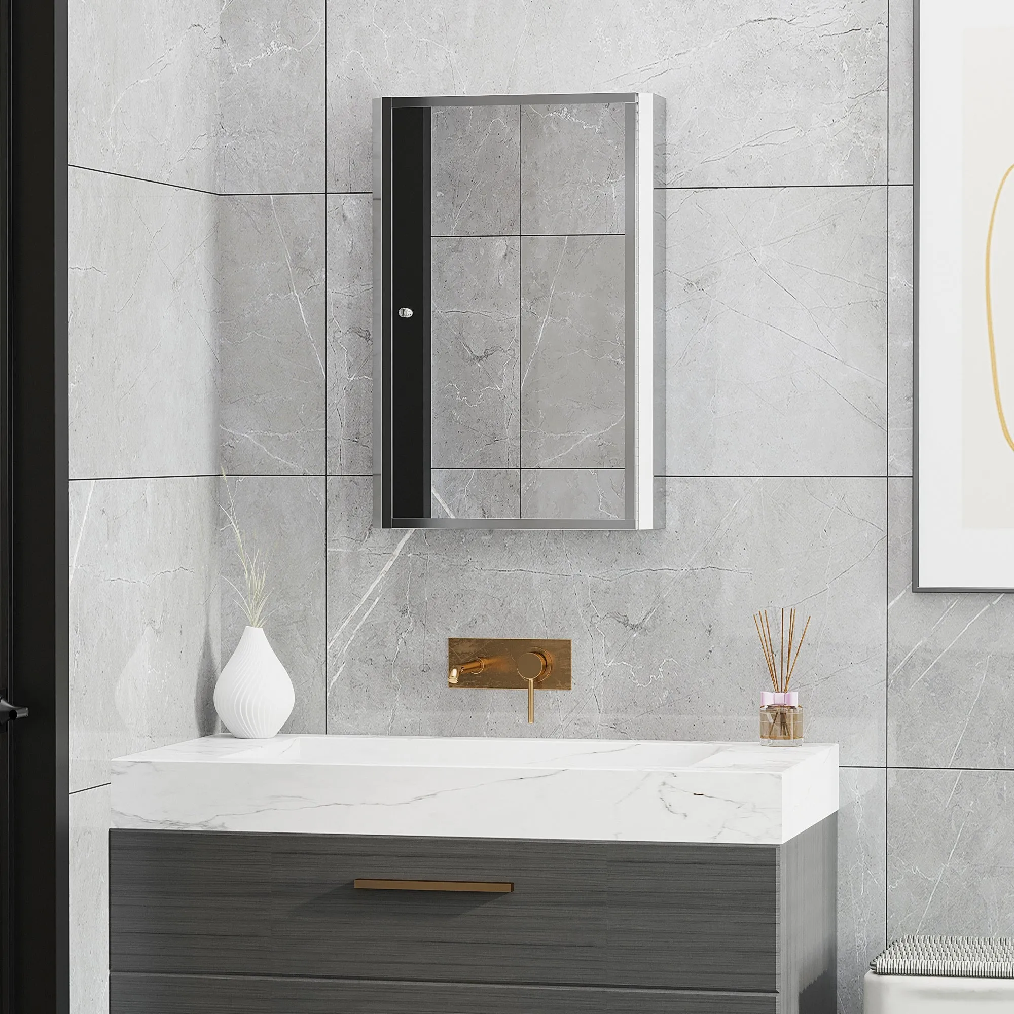Stainless Steel Wall mounted Bathroom Mirror Cabinet 2 Shelves Storage Unit Furniture w/Single Door 60H x 40L x 13D cm
