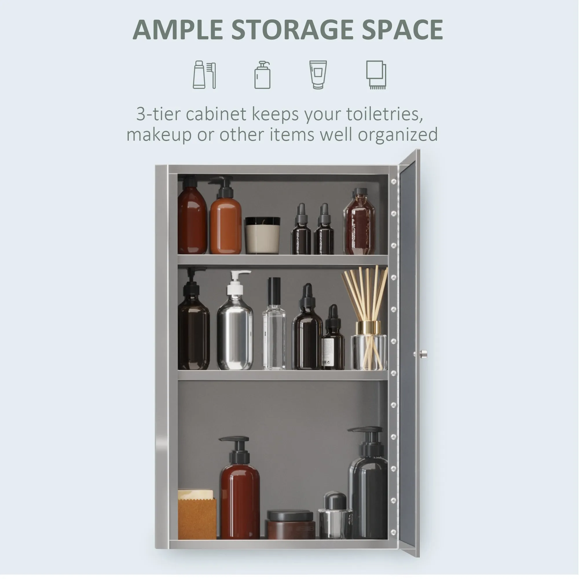 Stainless Steel Wall mounted Bathroom Mirror Cabinet 2 Shelves Storage Unit Furniture w/Single Door 60H x 40L x 13D cm