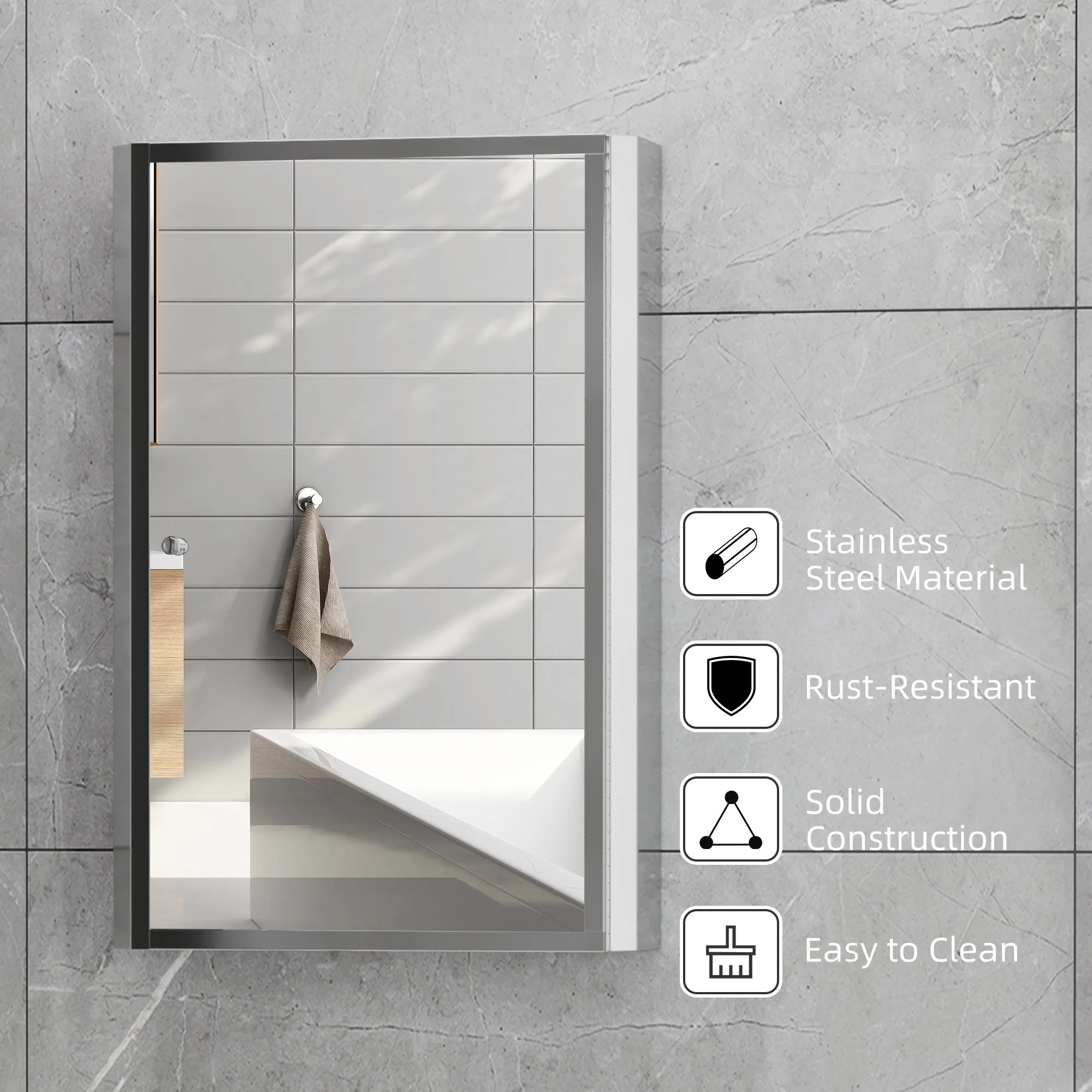 Stainless Steel Wall mounted Bathroom Mirror Cabinet 2 Shelves Storage Unit Furniture w/Single Door 60H x 40L x 13D cm